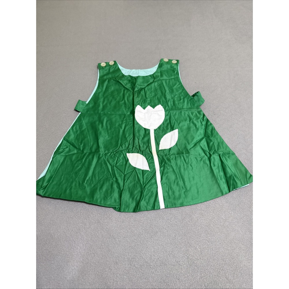 VTG 60s 70s Handmade Dress Girls Green Satin Pinafore Jumper Tulip Overlay Apron